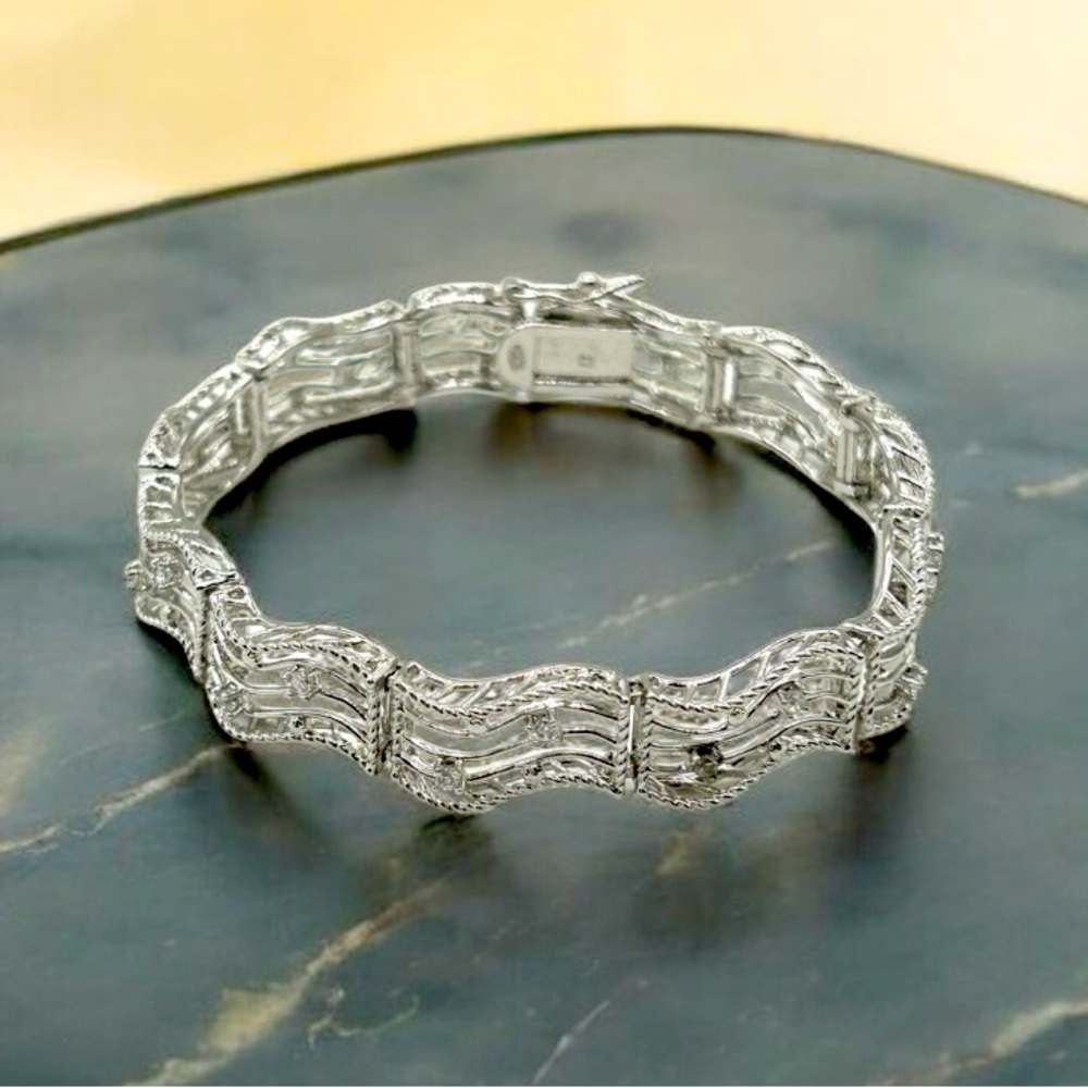 Marked CI 925 Sterling Silver CZ Panel Bracelet 7" EUC